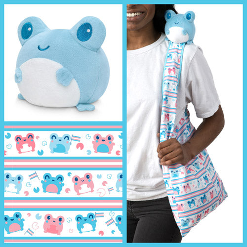 White Transgender Pride Tote Bag and Blue Frog Plushie