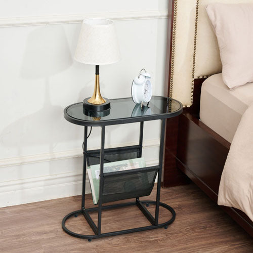 Glass Oval Side Table with Magazine Organizer