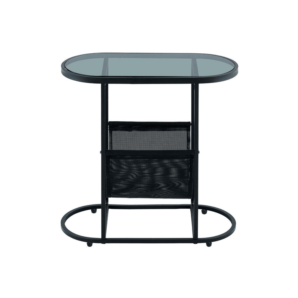 Glass Oval Side Tables with Magazine Organizer (Black)