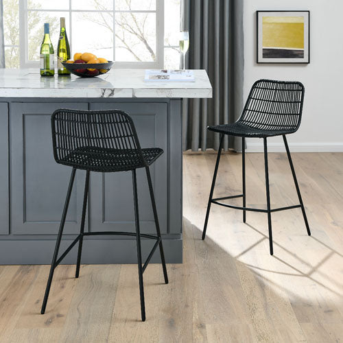 Rattan Wicker Bar Counter Stools w/ Steel Legs 2pcs (Black)