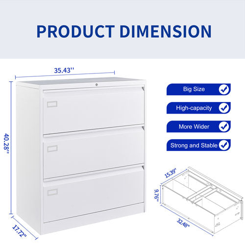 3 Large Drawers Lateral Metal Filing Cabinet