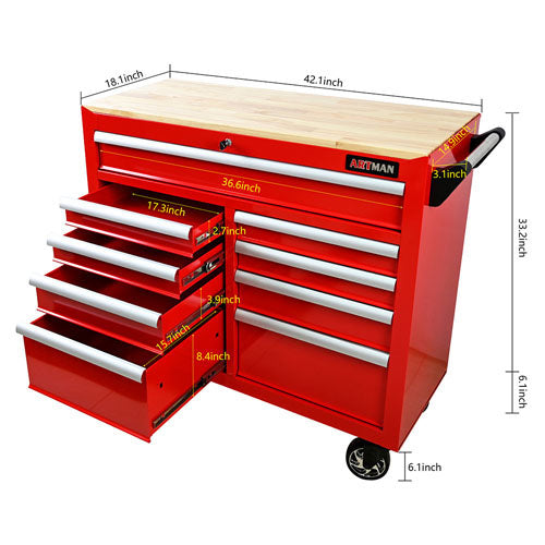 9-Drawer Tool Cart with Wheels & Wooden Top (Red)