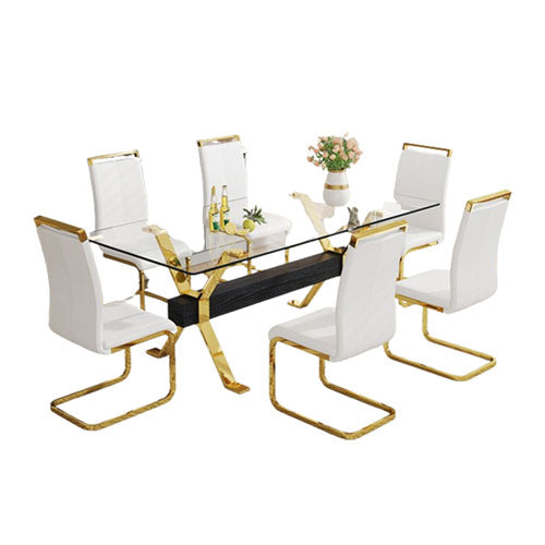 6-Seater Glass Table with Gold Plated Chair Set