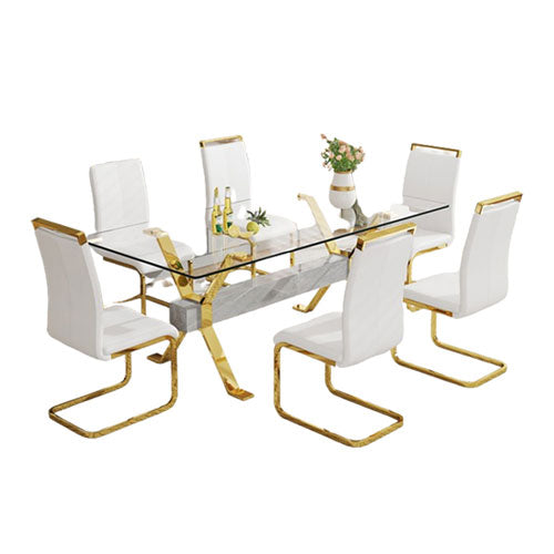 6-Seater Glass Table with Gold Plated Chair Set