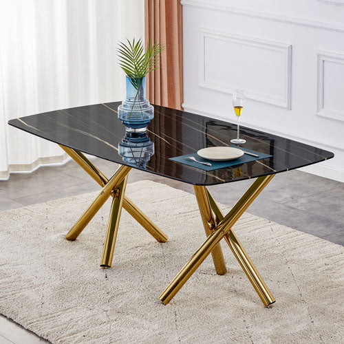 6-8 Seater Dining Table with Black Marble Top & Gold Legs