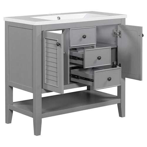 Vanity with Ceramic Basin, Cabinets, Drawers & Shelf (Grey)