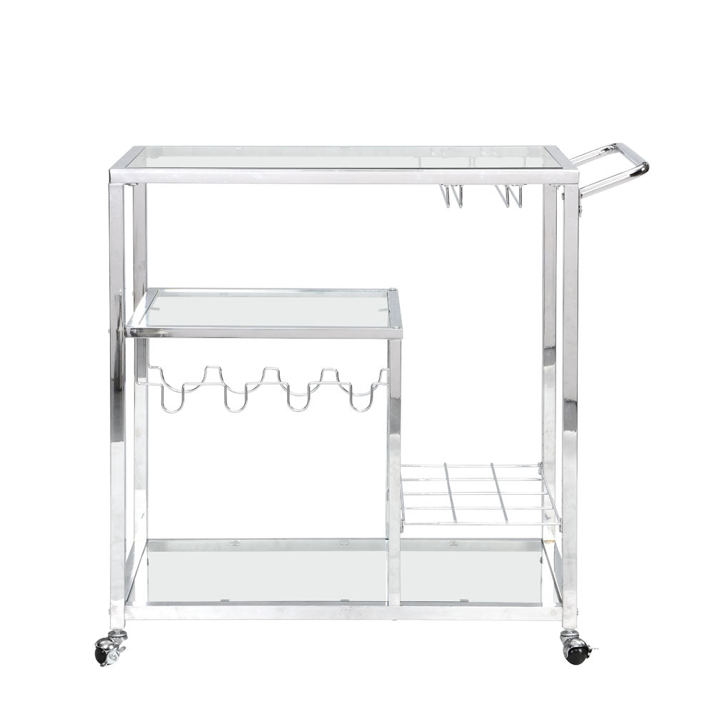 Modern Glass Bar Cart w/ Metal Frame & Wine Storage (Silver)