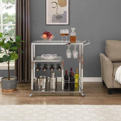 Modern Glass Bar Cart w/ Metal Frame & Wine Storage (Silver)