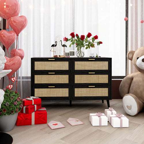 Modern Wood & Rattan 6-Drawer Dresser