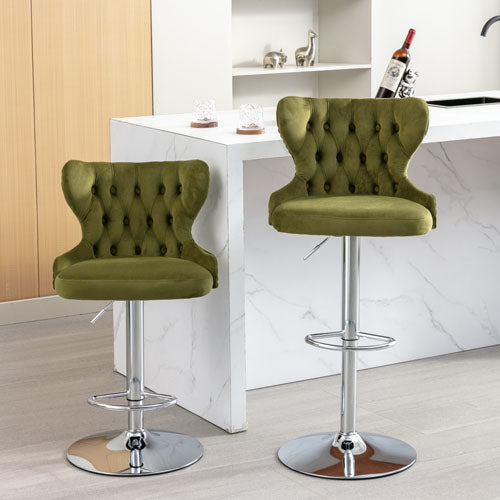 Tufted Velvet Olive Green Armless Bar Stools 2pc (17x20x45")