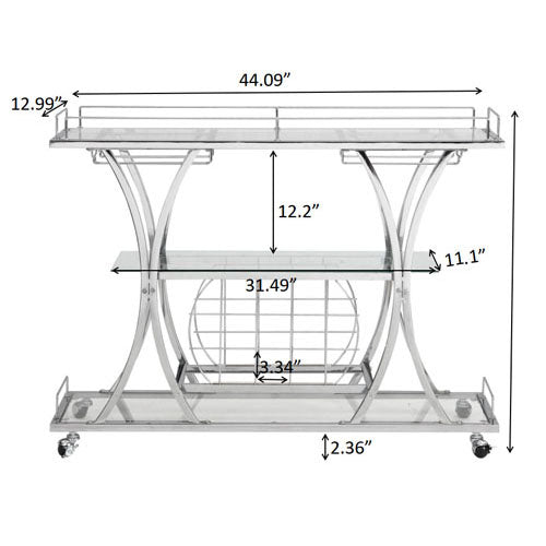 Bar Cart with Wine Rack and Glass Metal Frame (Silver)