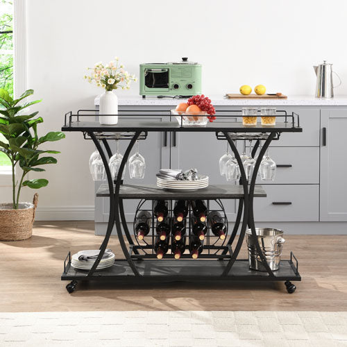 Kitchen 3-Tier Storage Shelves Cart with Wine Rack (Black)