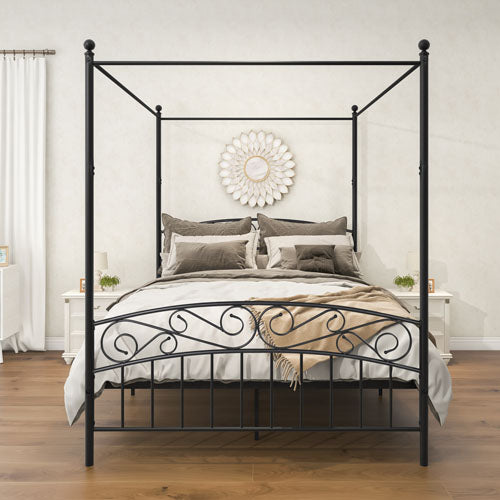 Queen Size Metal Canopy Bed Frame with Head & Footboard