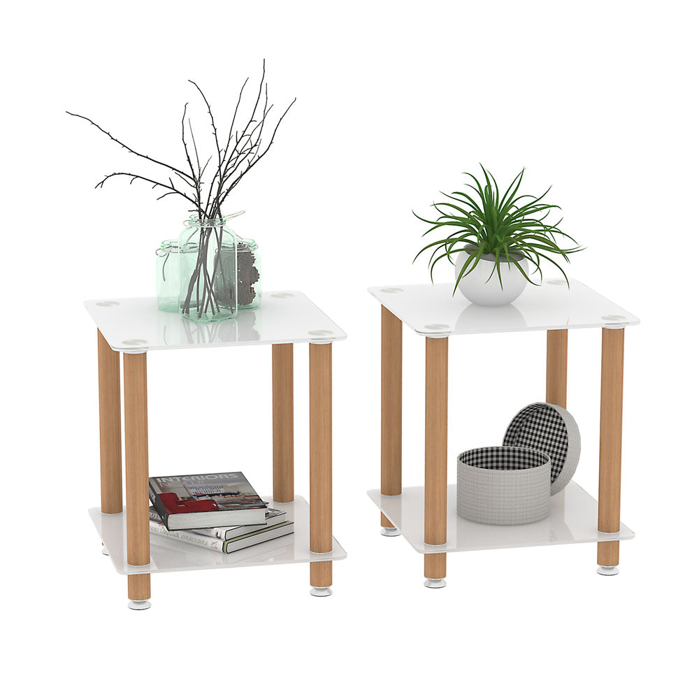 2-Tier Modern Side Table w/ Storage Shelve 2pcs (White+Oak)