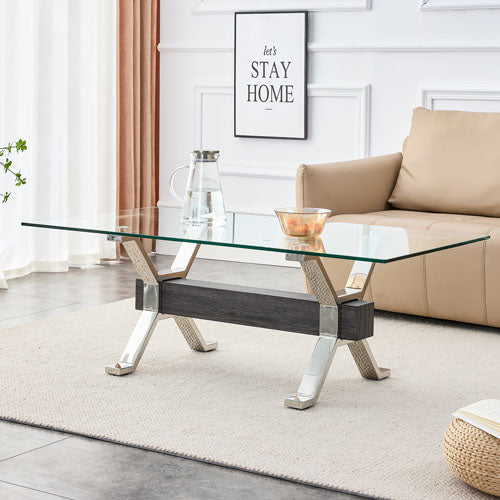 Glass Coffee Table with Plated Metal Legs & MDF Crossbar