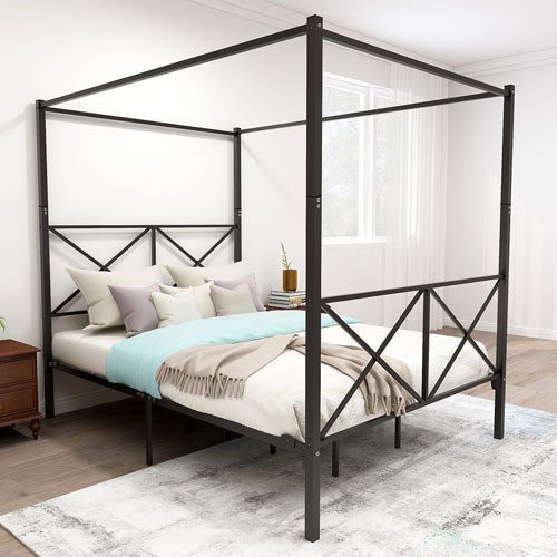 Quick Assembly Queen Sized Metal Canopy Bed (Black)