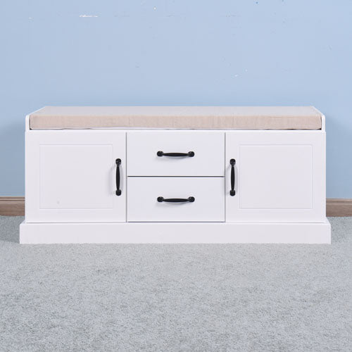 Wooden Entryway Shoe Cabinet Storage Bench w/ White Cushion