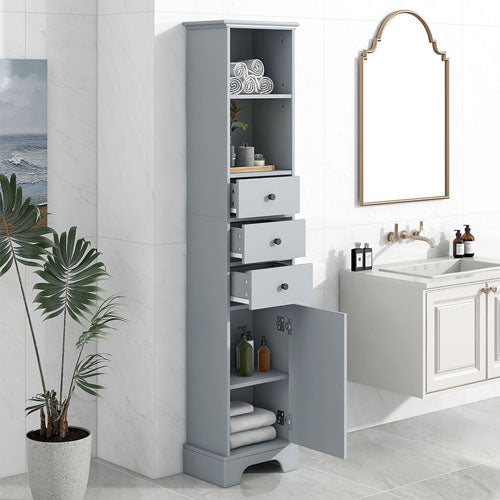 Tall Bathroom Cabinet w/ 3 Drawers & Adjustable Shelf (Grey)