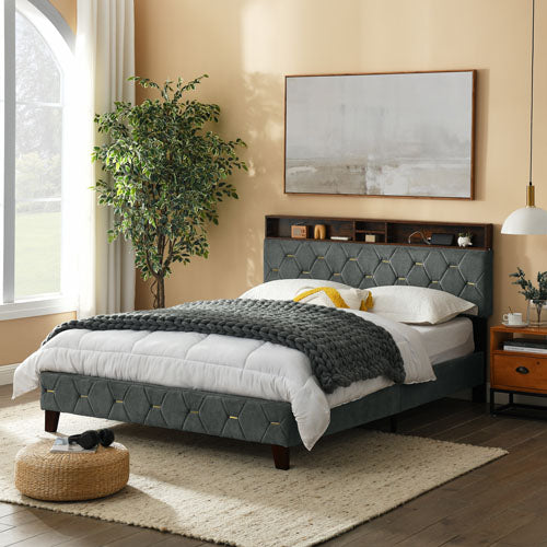 12-Slat Queen-Sized Bedframe w/ Upholstered Headboard (Grey)