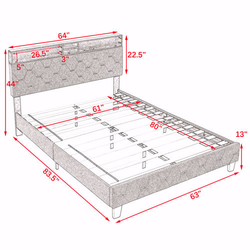 12-Slat Queen-Sized Bedframe w/ Upholstered Headboard (Grey)