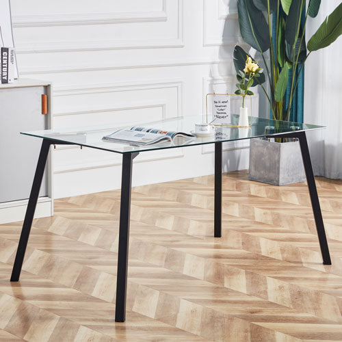 Minimalist Rectangular Glass Dining Table with Black Legs