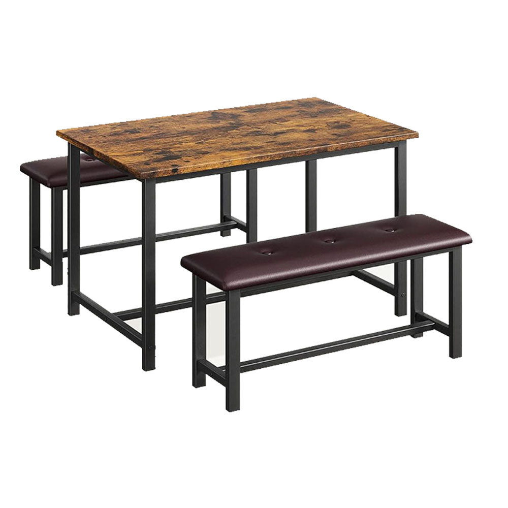 Industrial Style Dining Table Set with 2 Benches (Brown)