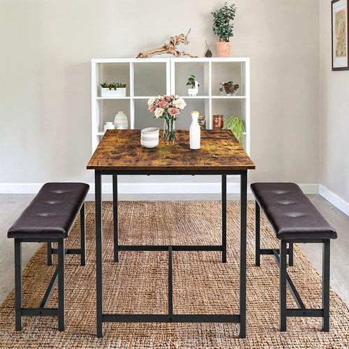 Industrial Style Dining Table Set with 2 Benches (Brown)