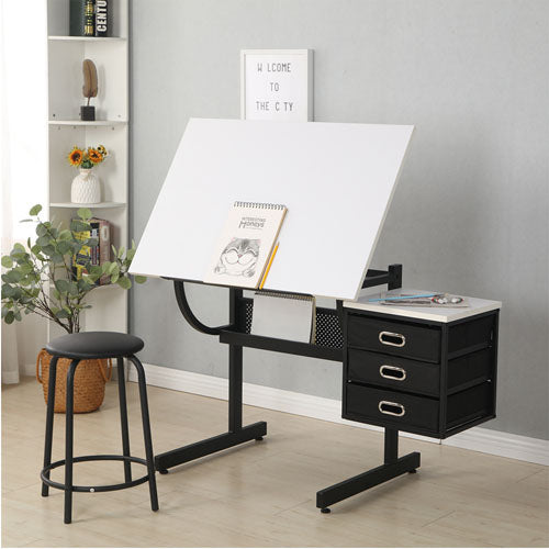 Adjustable Drafting Table with Stool & 3 Drawers (White)