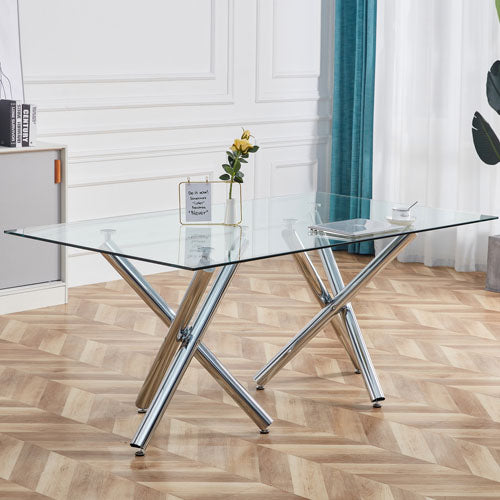 6-8 Seater Dining Table with Glass Top & Silver Metal Legs