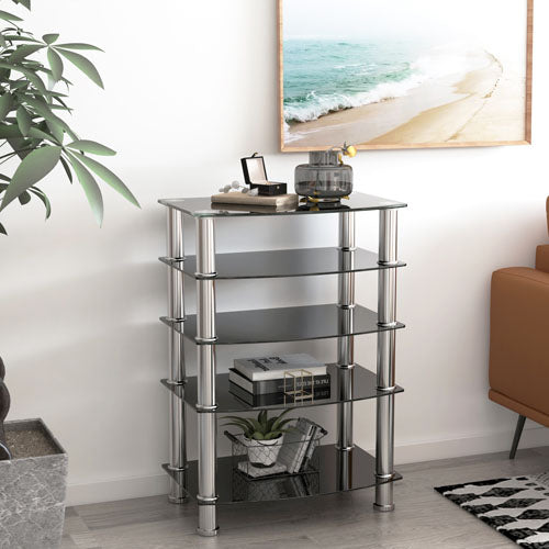 5-Tier Glass Side Table with Stainless Steel Frame (Black)