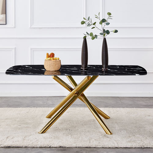 6-8 Seater Dining Table w/ Black Marble Top & One Gold Leg