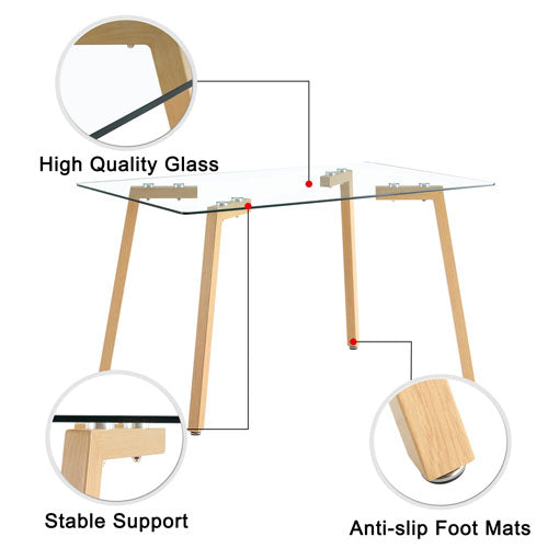 4-6 Seater Minimalist Rectangle Glass Table with Brown Legs