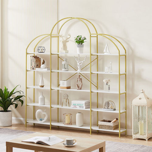 5-Tier Bookcase with Round Top & Gold X-Bar Frame