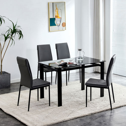 4-Seater Glass Dining Table & Basic Chair Set (Black)