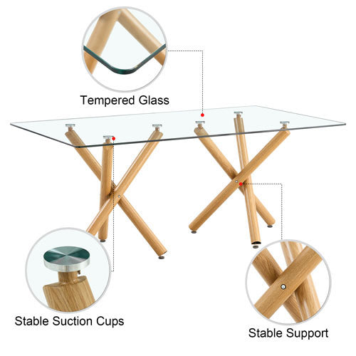 6-8 Seater Table with Transparent Top & Wooden Metal Leg