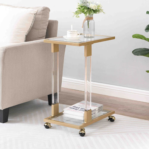 Top C Shape Acrylic Sofa Table with Glass Top & 4 Wheels