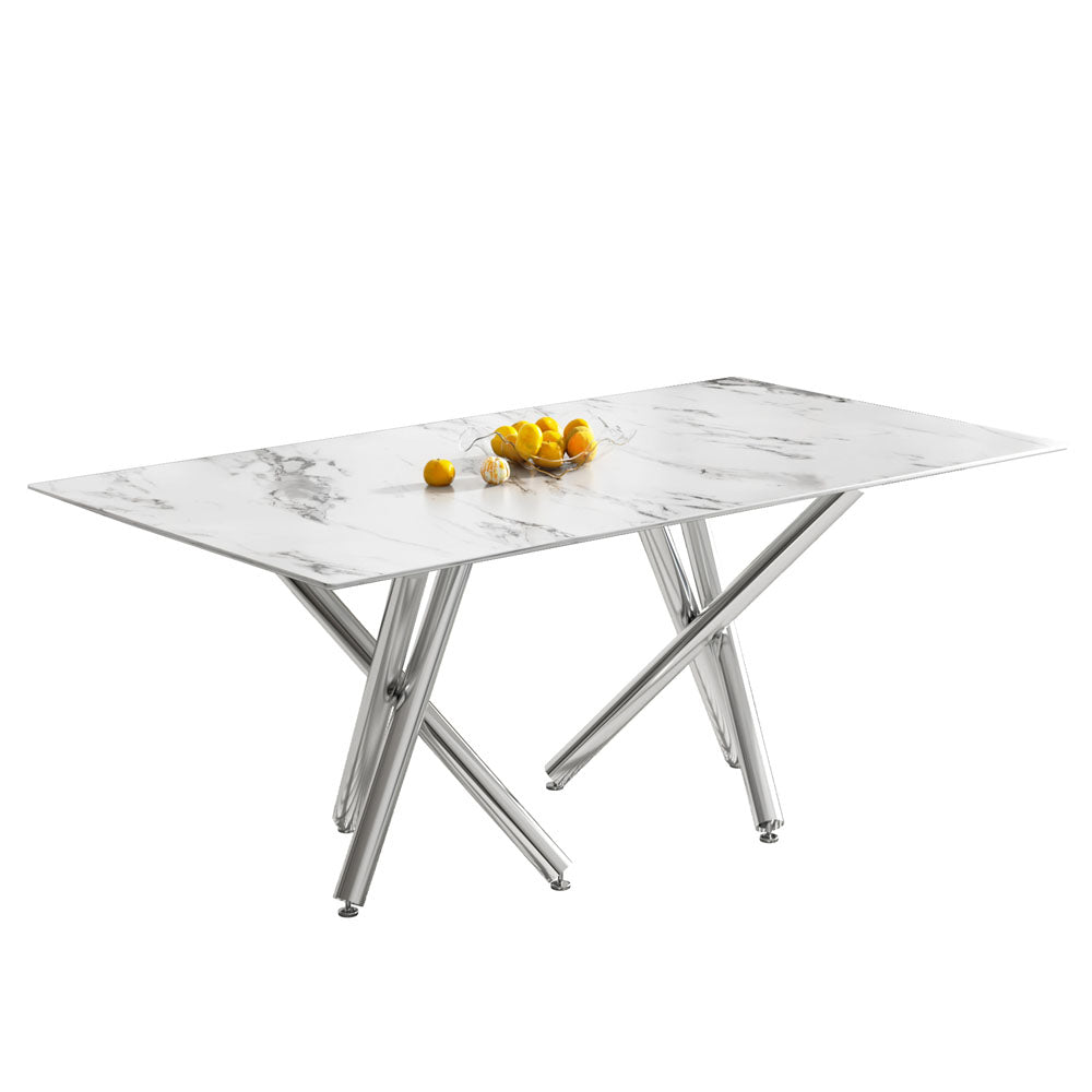 6-8 Seater Dining Table with Marble Top & Silver Metal Legs