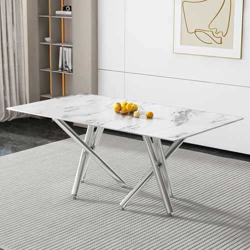 6-8 Seater Dining Table with Marble Top & Silver Metal Legs