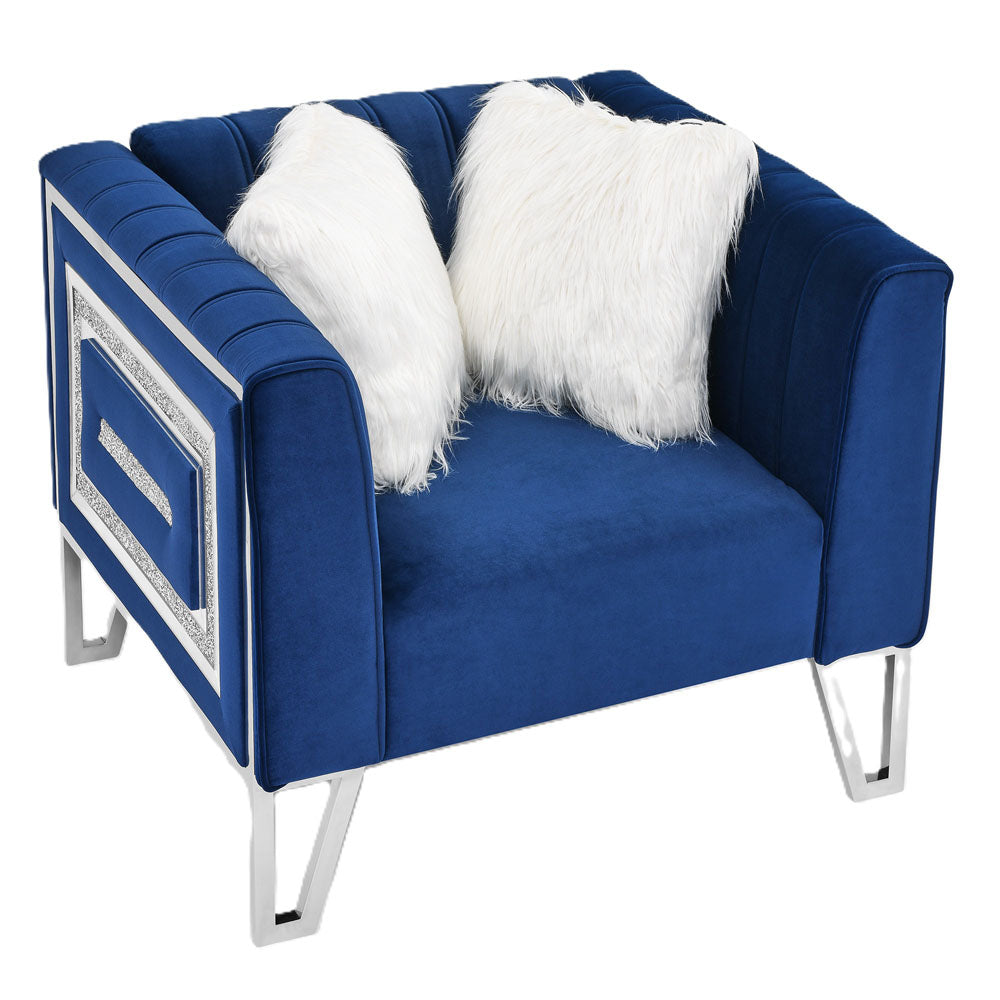 Sofa Chair with Mirrored Side Trim & Faux Diamonds (Blue)