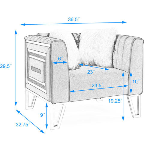 Sofa Chair with Mirrored Side Trim & Faux Diamonds (Blue)