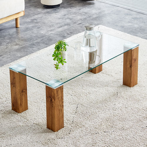 Transparent Glass-Top Rectangular Coffee Table w/ MDF Legs