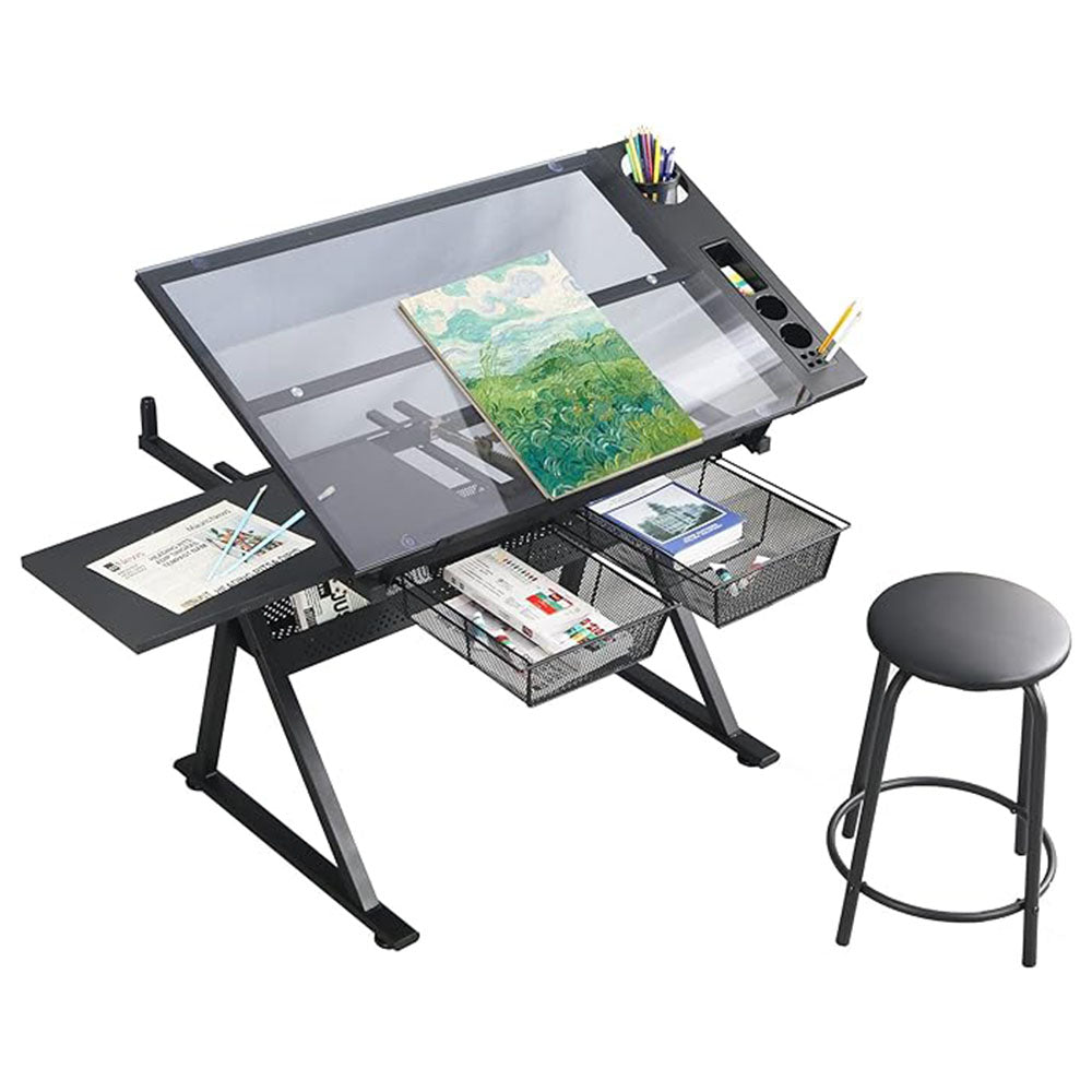 Adjustable Drafting Table w/ Stool & 2 Metal Drawers