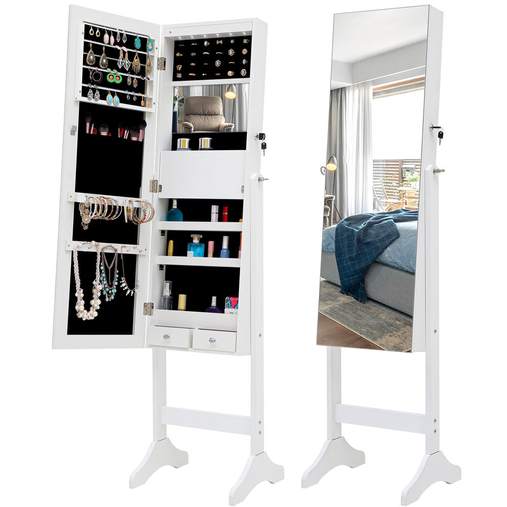 Body Mirror w/ Jewelry Cabinet & LED Lights & Stand