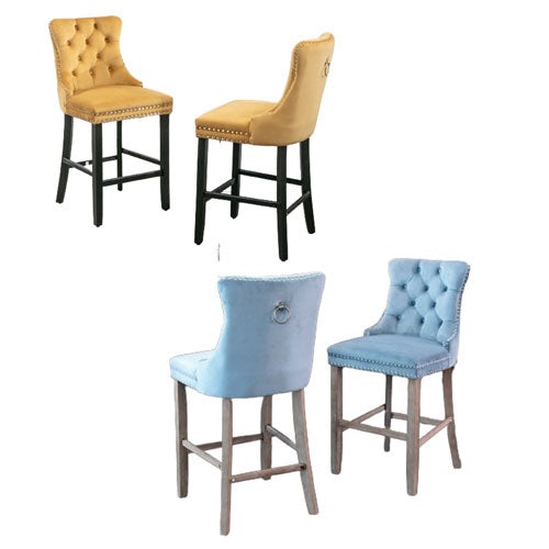 Tufted Velvet Bar Stool w/ Wooden Legs 2pcs