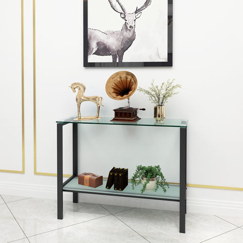 Double Layer Glass Rectangular Console Center Table (Black)