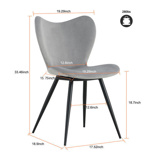 Grey Velvet Upholstered Dining Chair with Metal Legs 2pcs