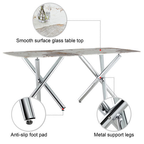 6-8 Seater Table with White Marble Top & Silver Metal Legs