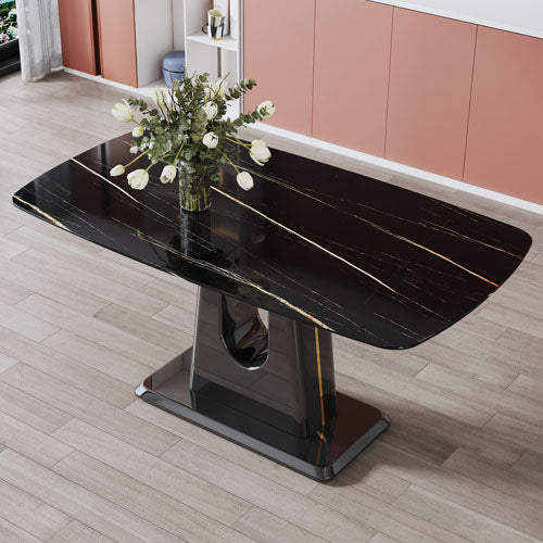 Modern Dining Glass Black Marble Tabletop with Gold Accent