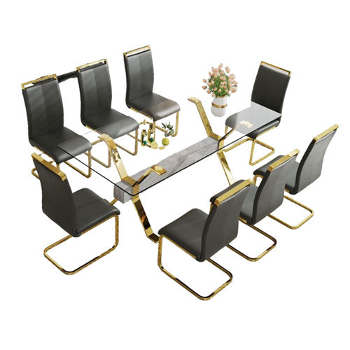 Tempered Glass Table w/ 8 Gold Plated Dining Chair