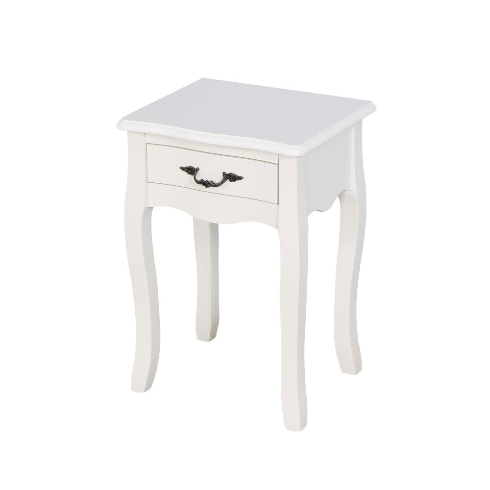 Floor Standing Bedside Table w/ Curved Legs & Drawer (White)